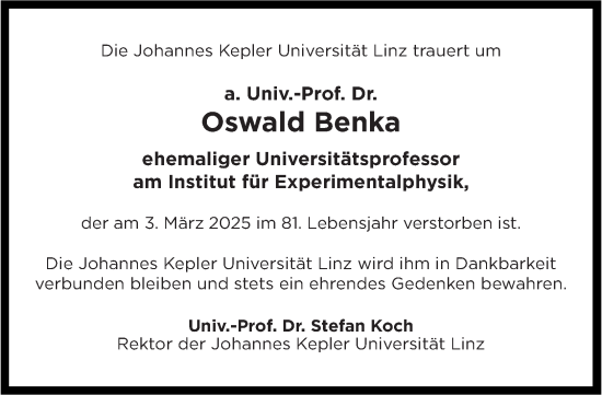Traueranzeige von Oswald Benka von OÖNachrichten
