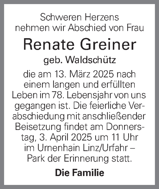 Traueranzeige von Renate Greiner von OÖNachrichten