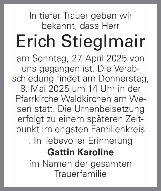 Traueranzeige von Erich Stieglmair von OÖNachrichten