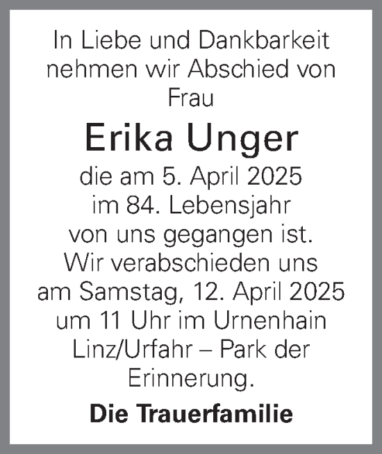 Traueranzeige von Erika Unger von OÖNachrichten