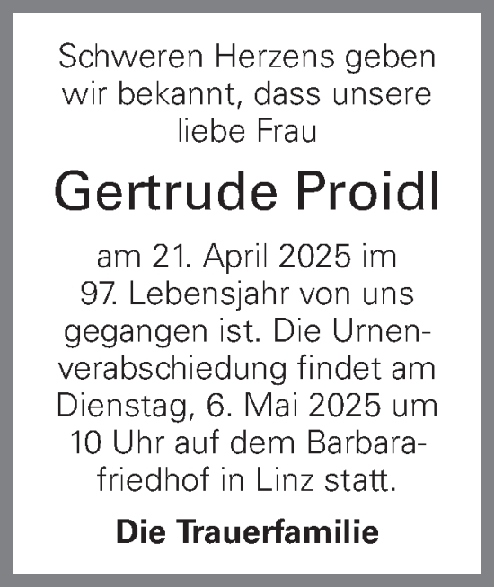 Traueranzeige von Gertrude Proidl von OÖNachrichten
