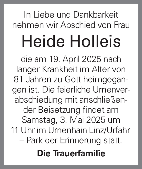 Traueranzeige von Heide Holleis von OÖNachrichten