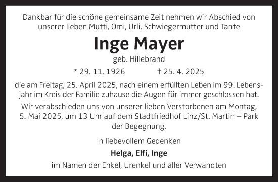 Traueranzeige von Inge Mayer von OÖNachrichten