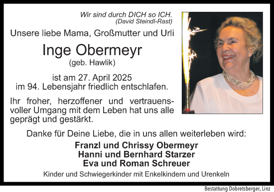 Traueranzeige von Inge Obermeyr von OÖNachrichten
