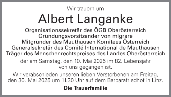 Traueranzeige von Albert Langanke von OÖNachrichten
