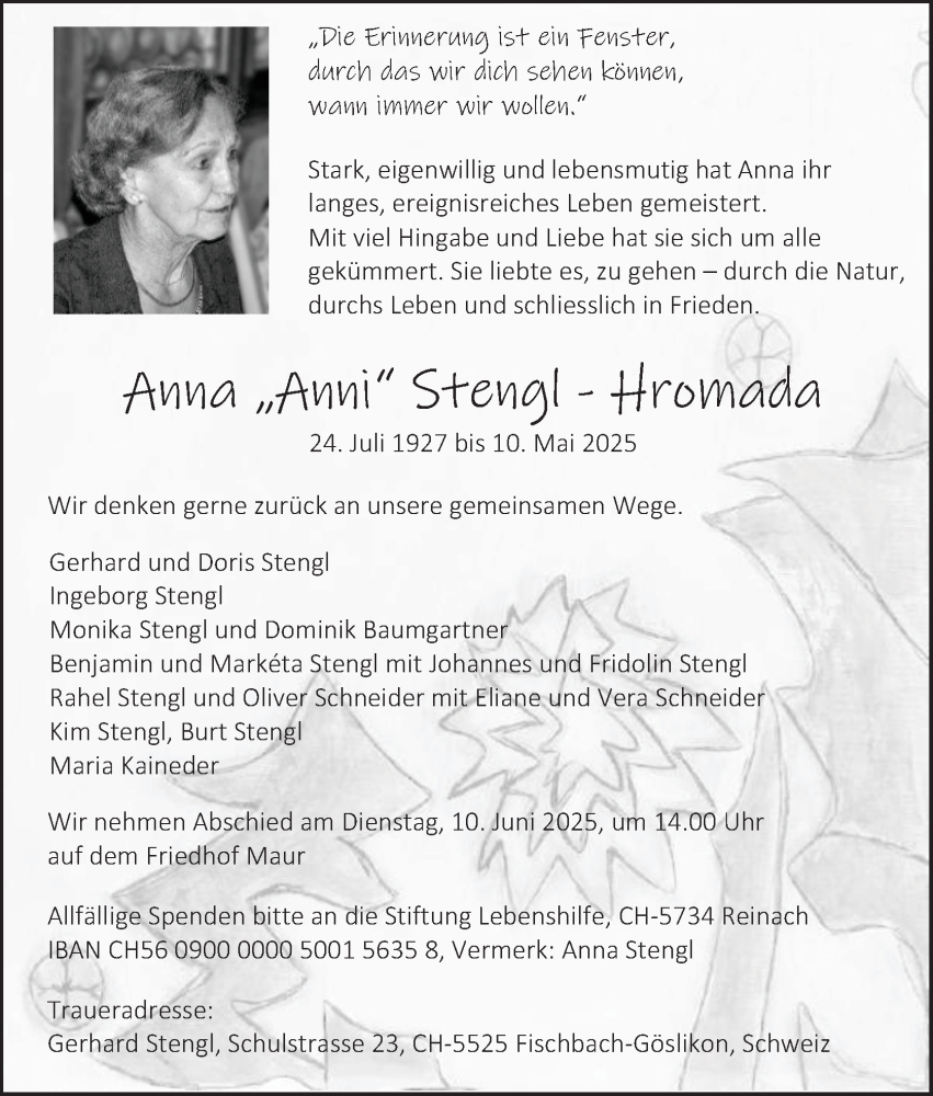  Traueranzeige für Anna Stengl-Hromada vom 26.05.2025 aus OÖNachrichten