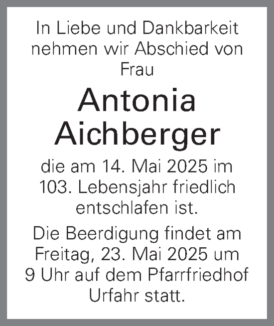 Traueranzeige von Antonia Aichberger von OÖNachrichten
