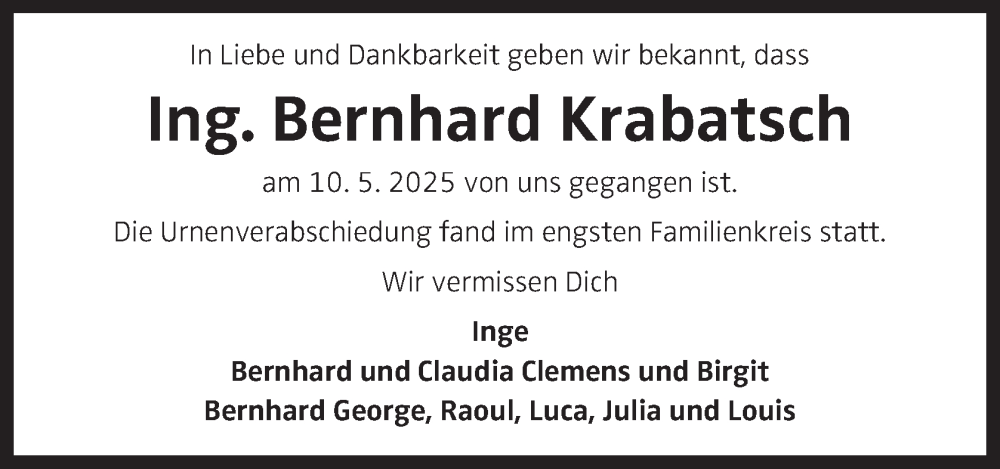  Traueranzeige für Bernhard Krabatsch vom 30.05.2025 aus OÖNachrichten