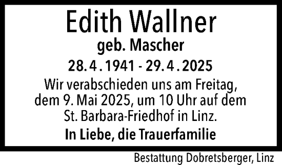 Traueranzeige von Edith Wallner von OÖNachrichten