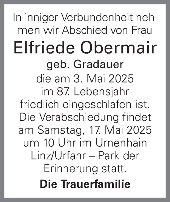 Traueranzeige von Elfriede Obermair von OÖNachrichten