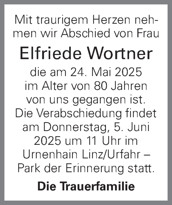 Traueranzeige von Elfriede Wortner von OÖNachrichten