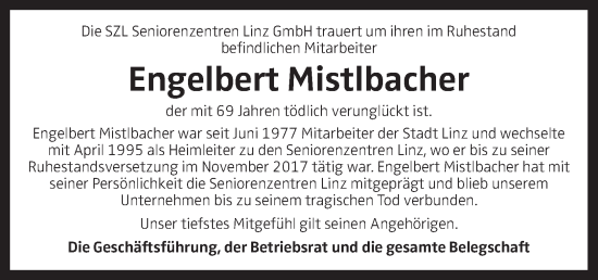 Traueranzeige von Engelbert Mistlbacher von OÖNachrichten