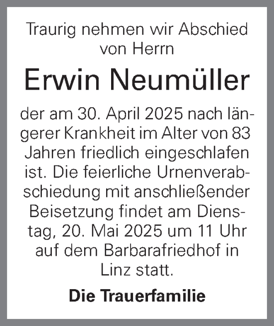 Traueranzeige von Erwin Neumüller von OÖNachrichten