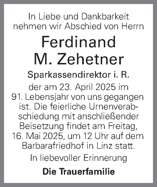 Traueranzeige von Ferdinand Zehetner von OÖNachrichten