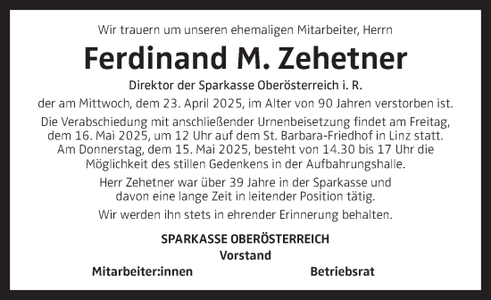 Traueranzeige von Ferdinand M. Zehetner von OÖNachrichten