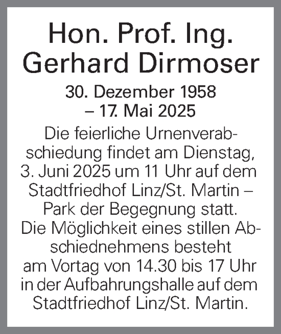 Traueranzeige von Gerhard Dirmoser von OÖNachrichten