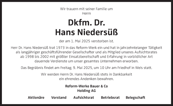 Traueranzeige von Hans Niedersüß von OÖNachrichten