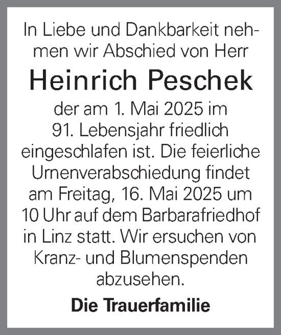 Traueranzeige von Heinrich Peschek von OÖNachrichten