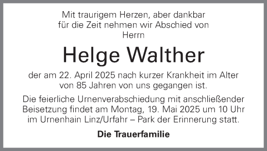 Traueranzeige von Helge Walther von OÖNachrichten