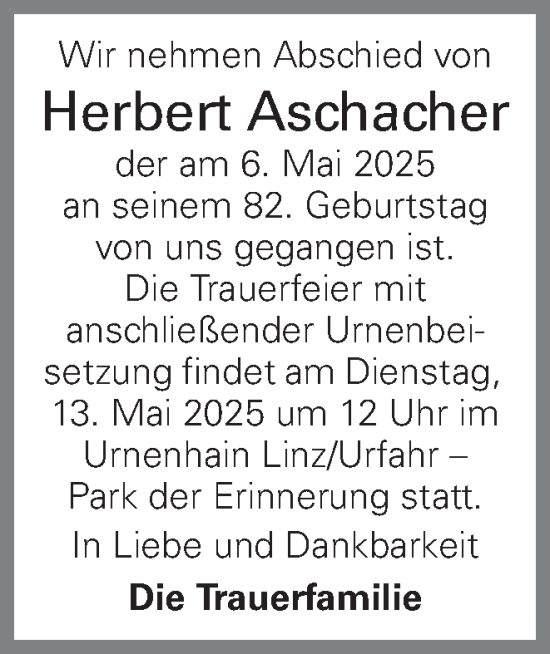 Traueranzeige von Herbert Aschacher von OÖNachrichten