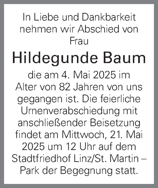 Traueranzeige von Hildegunde Baum von OÖNachrichten