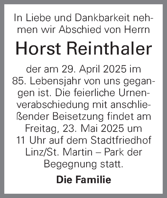 Traueranzeige von Horst Reinthaler von OÖNachrichten