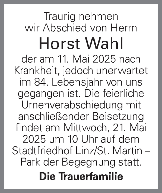 Traueranzeige von Horst Wahl von OÖNachrichten