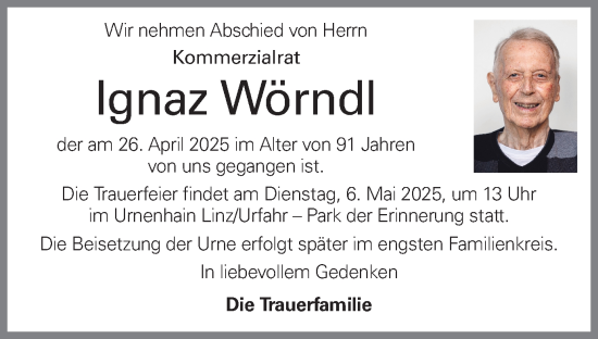 Traueranzeige von Ignaz Wörndl von OÖNachrichten