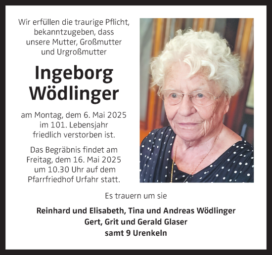 Traueranzeige von Ingeborg Wödlinger von OÖNachrichten