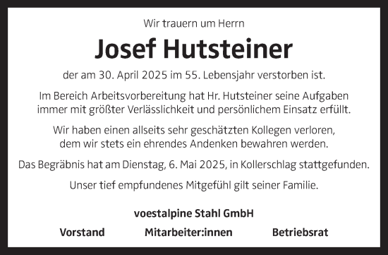 Traueranzeige von Josef Hutsteiner von OÖNachrichten