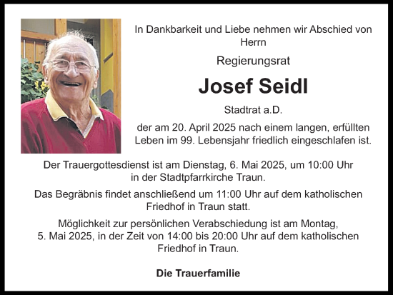Traueranzeige von Josef Seidl von OÖNachrichten
