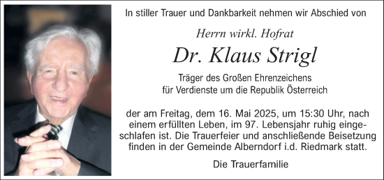 Traueranzeige von Klaus Strigl von OÖNachrichten