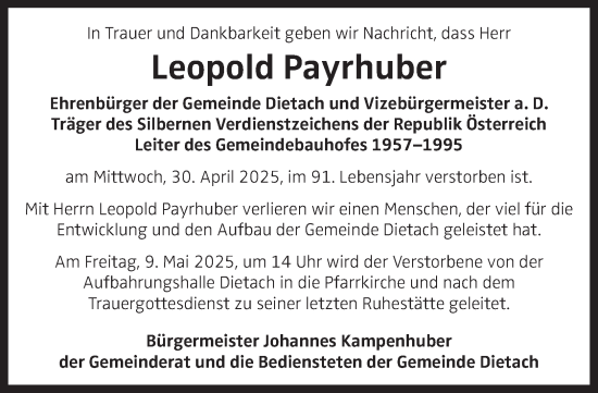 Traueranzeige von Leopold Payrhuber von OÖNachrichten