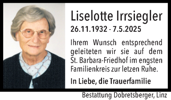 Traueranzeige von Liselotte Irrsiegler von OÖNachrichten