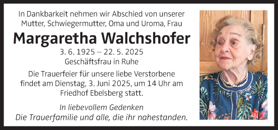 Traueranzeige von Margaretha Walchshofer von OÖNachrichten