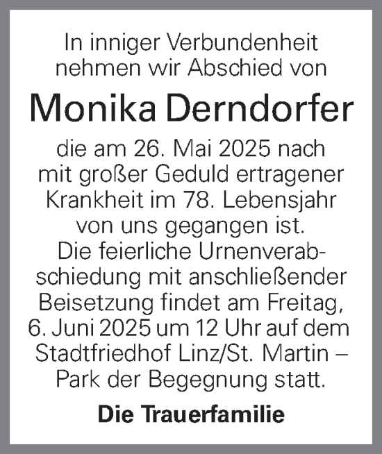 Traueranzeige von Monika Derndorfer von OÖNachrichten