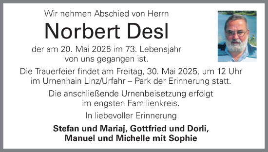 Traueranzeige von Norbert Desl von OÖNachrichten