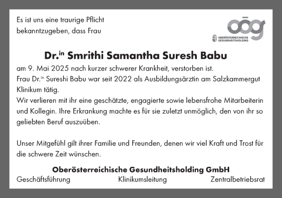 Traueranzeige von Smrithi Samantha Suresh Babu von OÖNachrichten