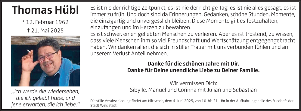 Traueranzeige für Thomas Hübl vom 28.05.2025 aus OÖNachrichten