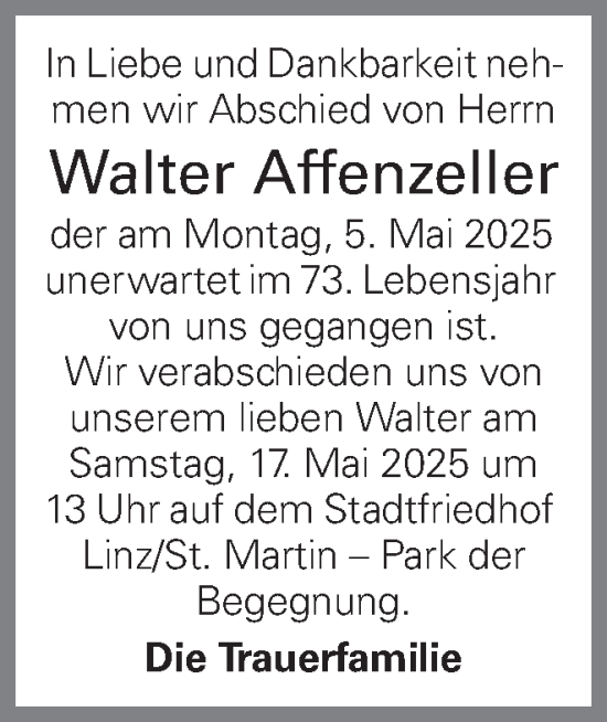 Traueranzeige von Walter Affenzeller von OÖNachrichten