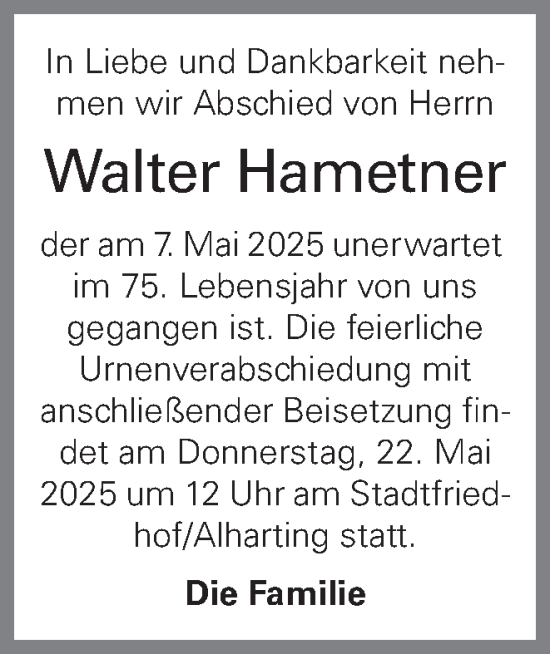 Traueranzeige von Walter Hametner von OÖNachrichten