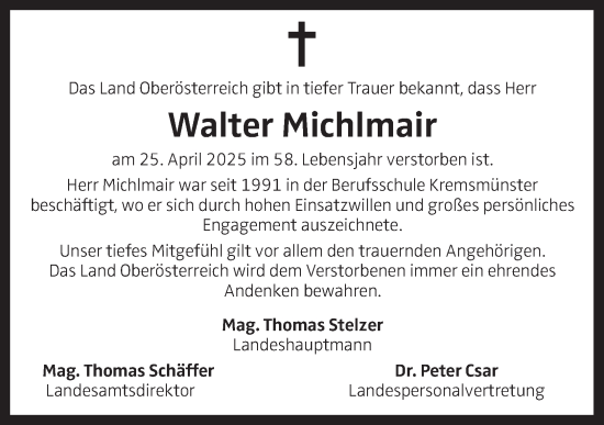 Traueranzeige von Walter Michlmair von OÖNachrichten