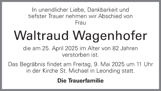 Traueranzeige von Waltraud Wagenhofer von OÖNachrichten