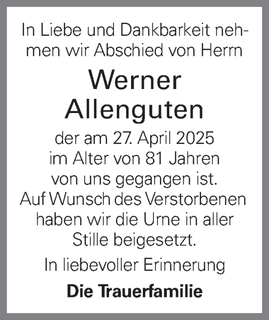 Traueranzeige von Werner Allenguten von OÖNachrichten