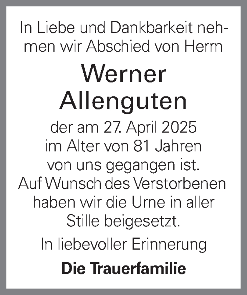  Traueranzeige für Werner Allenguten vom 08.05.2025 aus OÖNachrichten