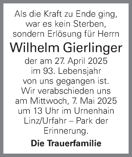 Traueranzeige von Wilhelm Gierlinger von OÖNachrichten
