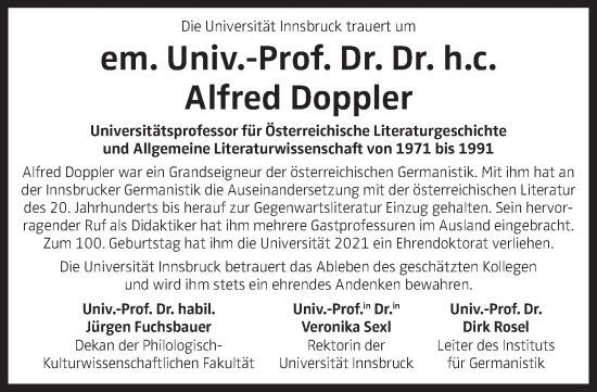 Traueranzeige von Alfred Doppler von OÖNachrichten