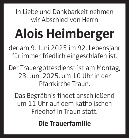 Traueranzeige von Alois Heimberger von OÖNachrichten