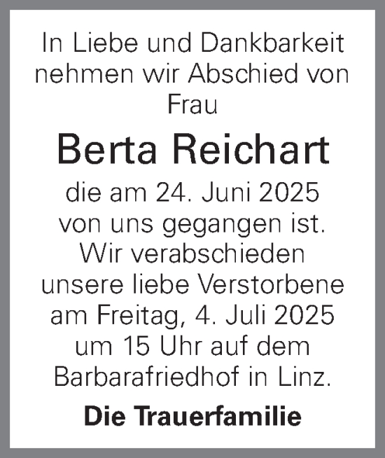 Traueranzeige von Berta Reichart von OÖNachrichten