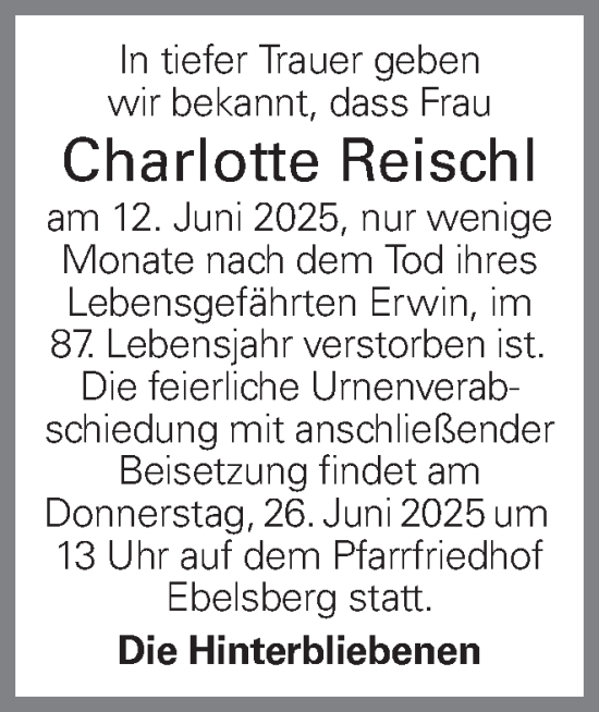 Traueranzeige von Charlotte Reischl von OÖNachrichten